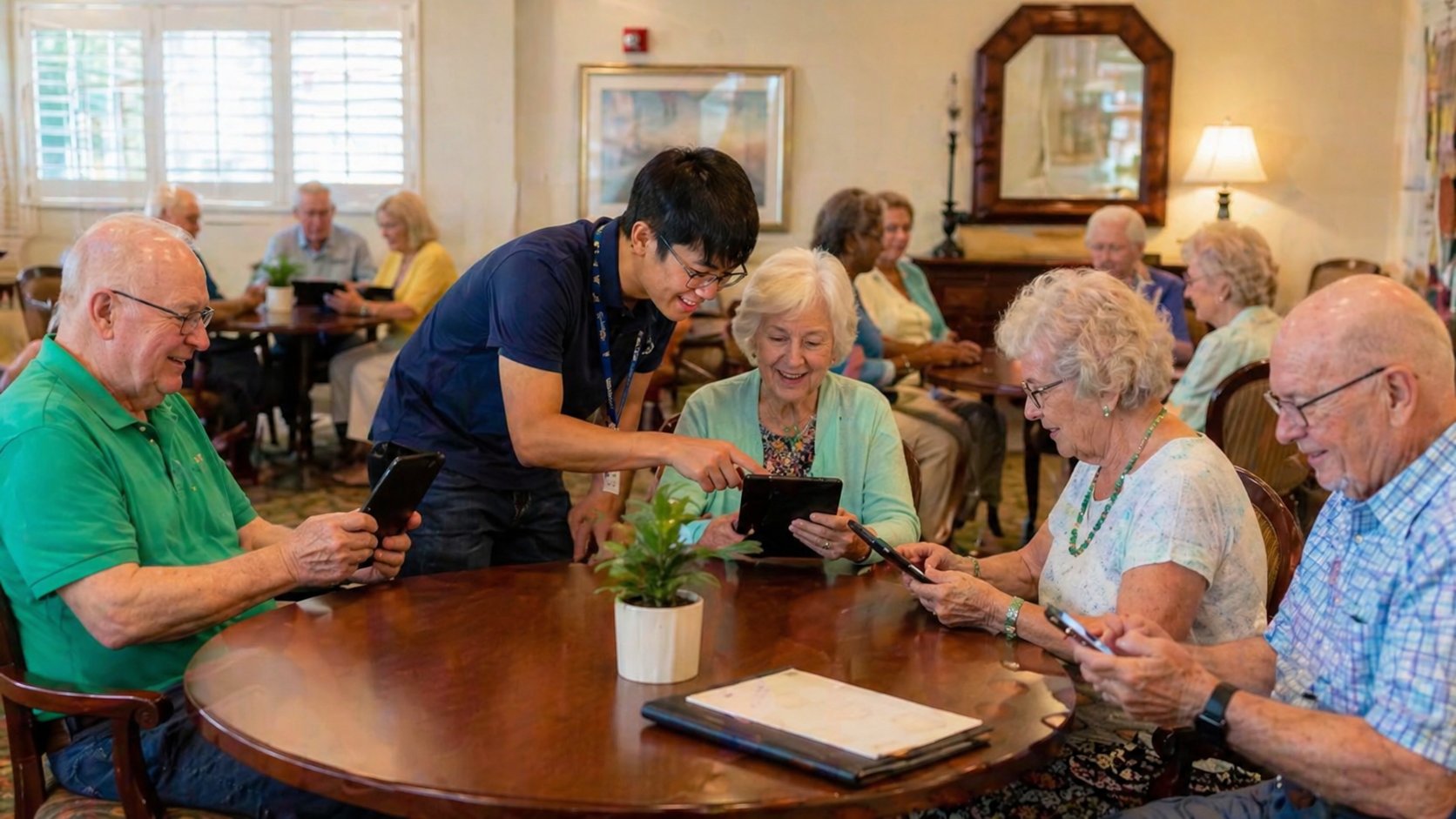 Friendly tech helper assisting seniors with their tablets
